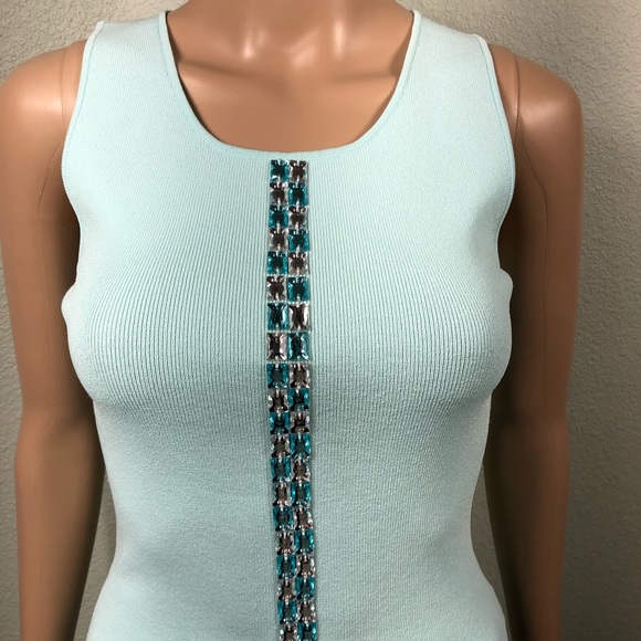 Tops - Light blue sleeveless knit top with aqua blue and clear crystals